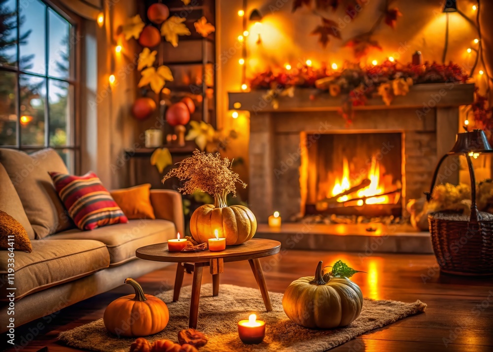Obraz premium Cozy Autumn Living Room Fireplace, Pumpkins, Low Light Decor