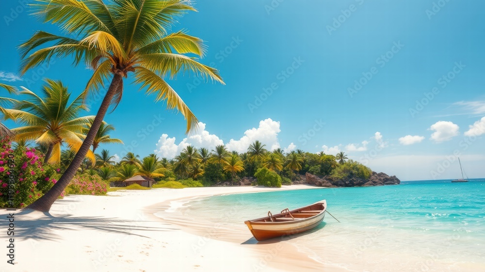 Idyllic tropical beach scene with a small boat gently resting on the white sand shore, surrounded by lush palm trees and a tranquil turquoise ocean Idyllic tropical beach scene with a small boat gently resting on the white sand shore, surrounded by lush palm trees and a tranquil turquoise ocean