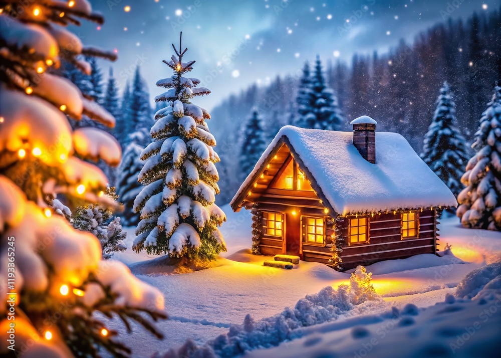 Cozy Christmas Log Cabin in Snowy Winter Wonderland - Tilt-Shift Photo Cozy Christmas Log Cabin in Snowy Winter Wonderland - Tilt-Shift Photo