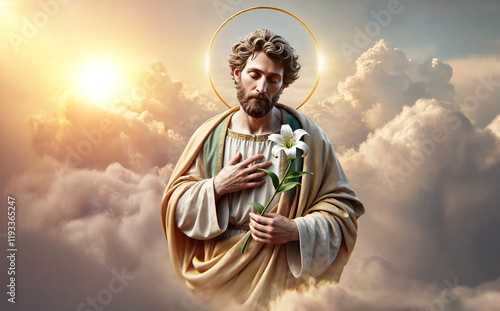 A father of catholic church Saint Joseph holding a lily, wearing a robe and a halo, suggesting a religious figure.