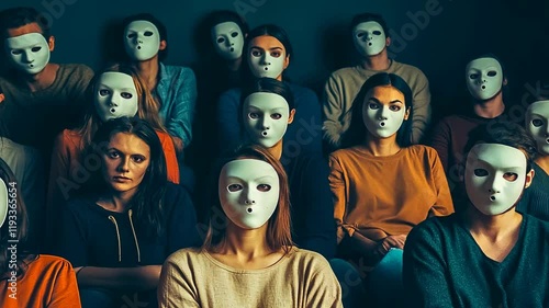 Adult Caucasian men,women masked gather indoors.Group portrays anonymity,unity dark room.Faces expressionless anonymity diverse attire.Silent gathering shows eerie calm.Concept:unity,mystery,human