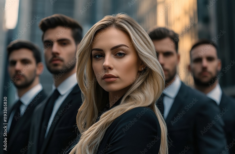 A confident leader stands with purpose, his team of diverse individuals behind him, symbolizing unity and strength in a powerful, urban setting. A confident leader stands with purpose, his team of diverse individuals behind him, symbolizing unity and strength in a powerful, urban setting.