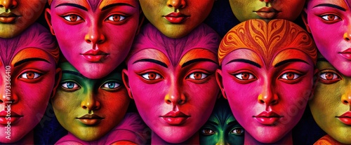 Vibrant collection of colorful painted faces and bold hues visual