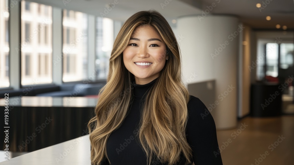 Confident Woman Smiling in Modern Office Setting with Natural Light Confident Woman Smiling in Modern Office Setting with Natural Light