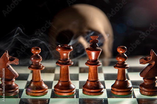 Photography Piezas de ajedrez sobre un tablero con una calavera de fondo y humo, que simbolizan la mortalidad y la estrategia