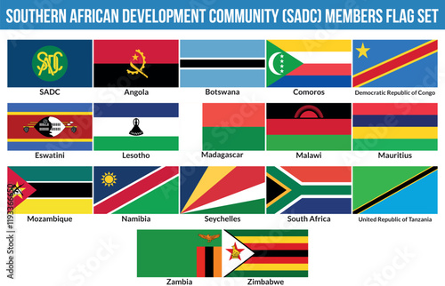 Southern African Development Community, SADC Members Flag Set Vector Illustration