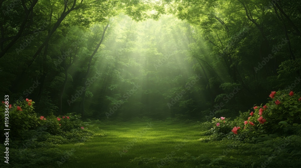 Fototapeta premium Enchanting Sunlit Forest Path Lush Green Trees Mystical Fog Vibrant Flowers