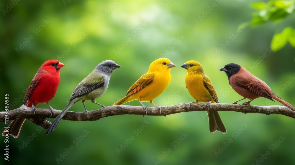 Fototapeta premium Vibrant Colorful Birds Perched on Branch Nature Wildlife Photography