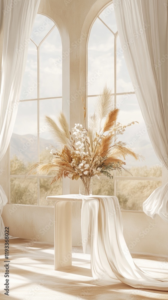 Dried flowers on table, arched window, mountain view, interior design, home decor Dried flowers on table, arched window, mountain view, interior design, home decor