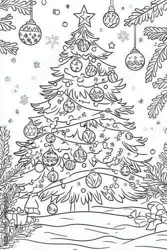 A festive Christmas tree is adorned with decorative ornaments and snowflakes, inviting creativity during the holiday season while enjoying a coloring activity