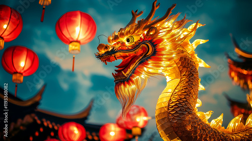 A beautiful and the colorful shiny dragon  on the colorful background with the at night , Festival dragon , culture dragon  ,  colorful, beautiful, culture, night, shiny dragon on the colorful 