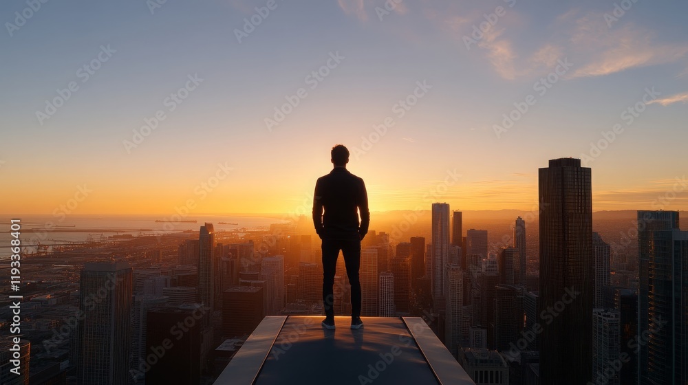 Man Silhouetted Against Stunning Cityscape Sunset Urban Panorama View Man Silhouetted Against Stunning Cityscape Sunset Urban Panorama View