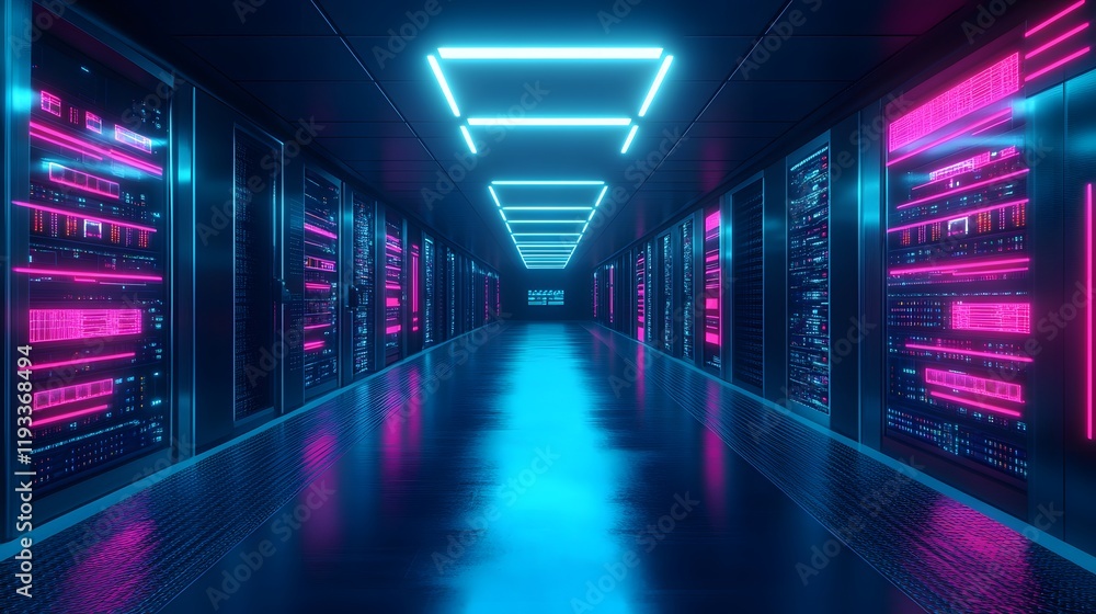 Neon Lit Server Room Corridor Data Center Neon Lit Server Room Corridor Data Center