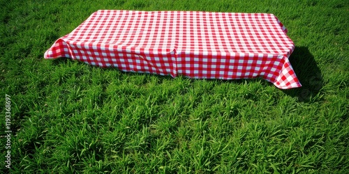 Red and white checkered picnic tablecloth on lush green grass ready for a summer gathering photo