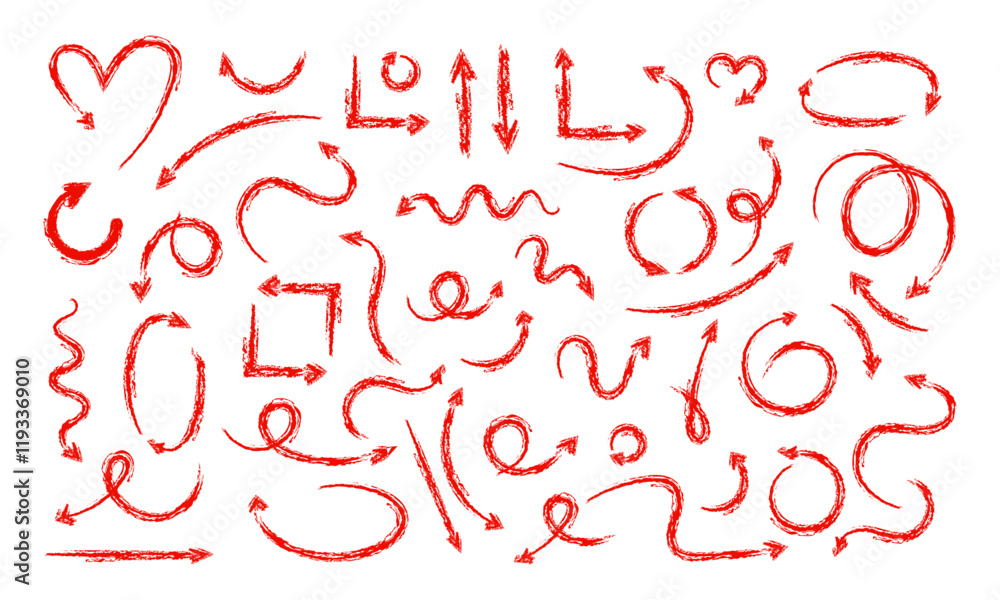 Obraz premium Set of red hand drawn doodle spiral and curved arrows. Vector scribbles with the texture chalk or wax crayon on white background.