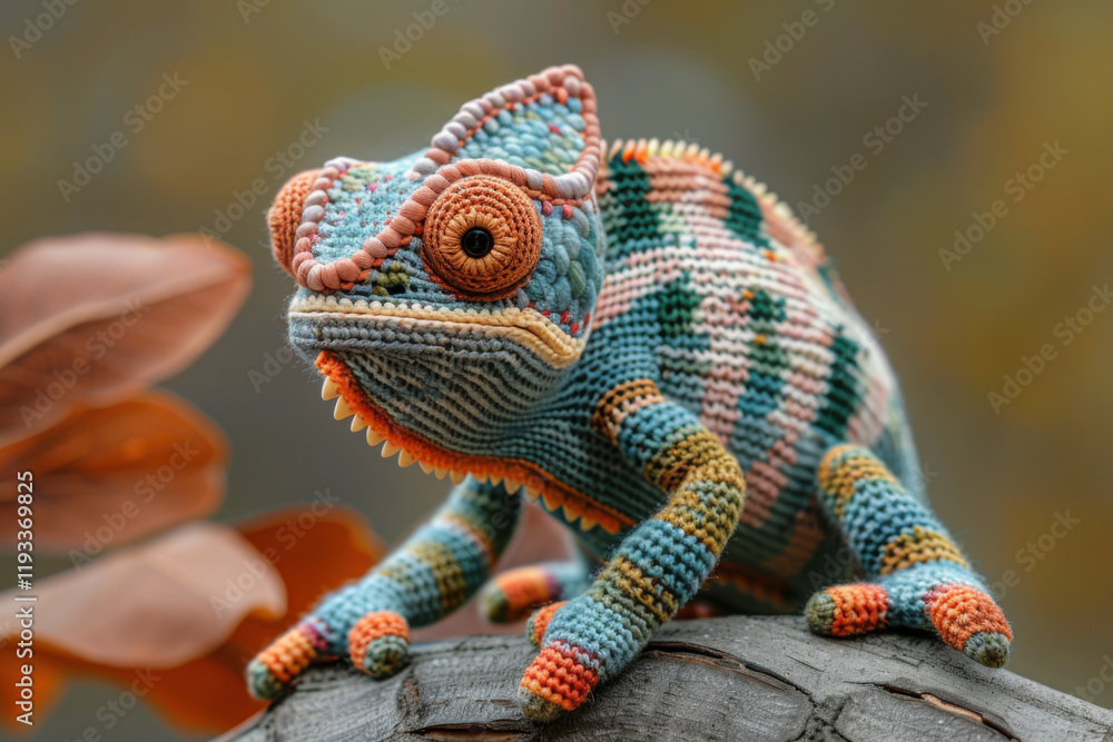 Obraz premium A vibrant knitted chameleon toy sits on a log, showcasing its intricate design. Surrounding leaves reflect shades of autumn, enhancing the playful atmosphere for children's creativity.
