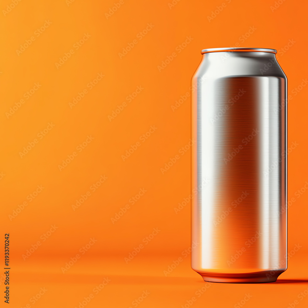 A sleek, metallic beverage can stands against a vibrant orange background, perfect for marketing and advertising. A sleek, metallic beverage can stands against a vibrant orange background, perfect for marketing and advertising.