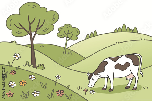 Cow is eating grass vector illustration