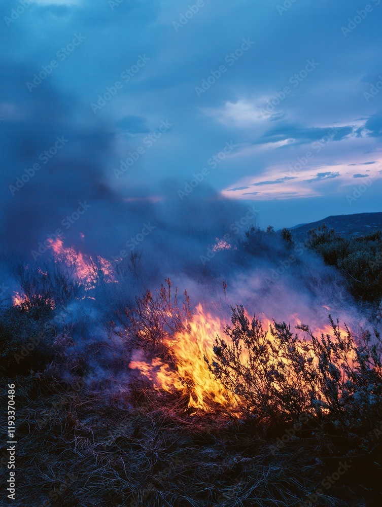 Intense wildfire consuming dry vegetation under dusk sky. Intense wildfire consuming dry vegetation under dusk sky.