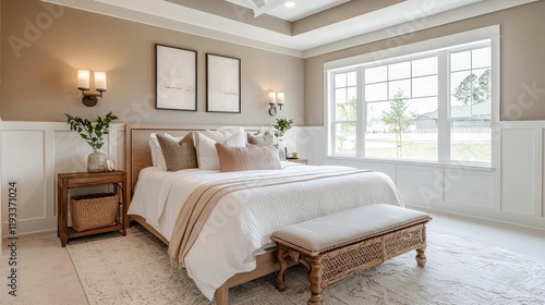 Spacious and Elegant Modern Bedroom with Natural Light, Cozy Decor, and Tranquil Atmosphere, Ideal for Relaxation and Interior Design Inspiration