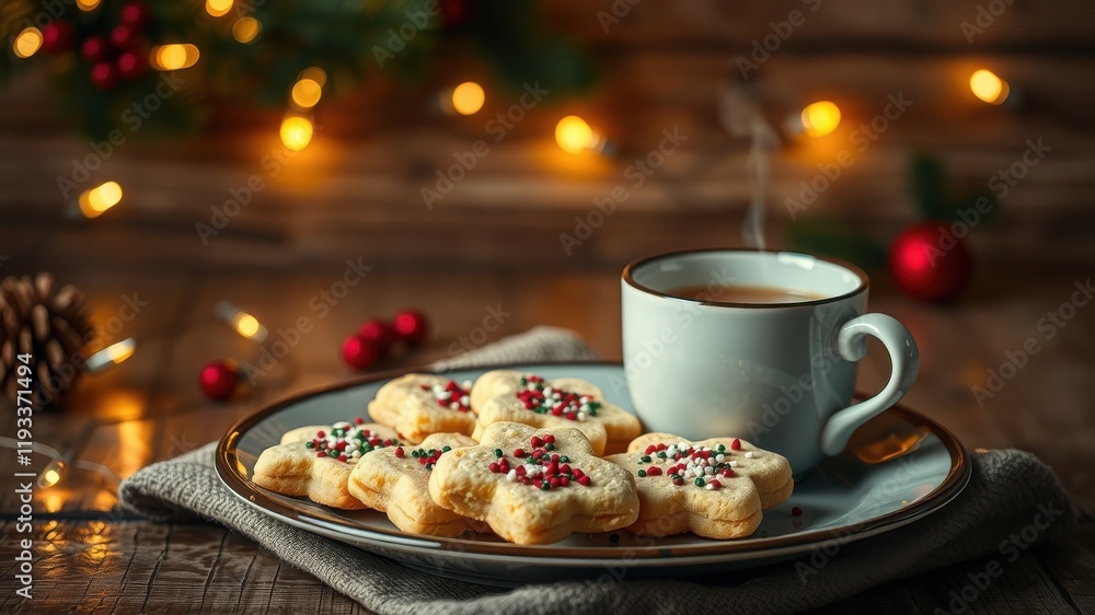 Warm beverage with festive star-shaped cookies and soft lighting Warm beverage with festive star-shaped cookies and soft lighting