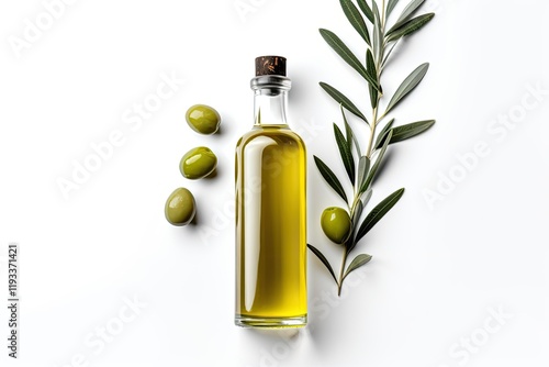 Glass bottle with olive oil and olives pictured from above white background