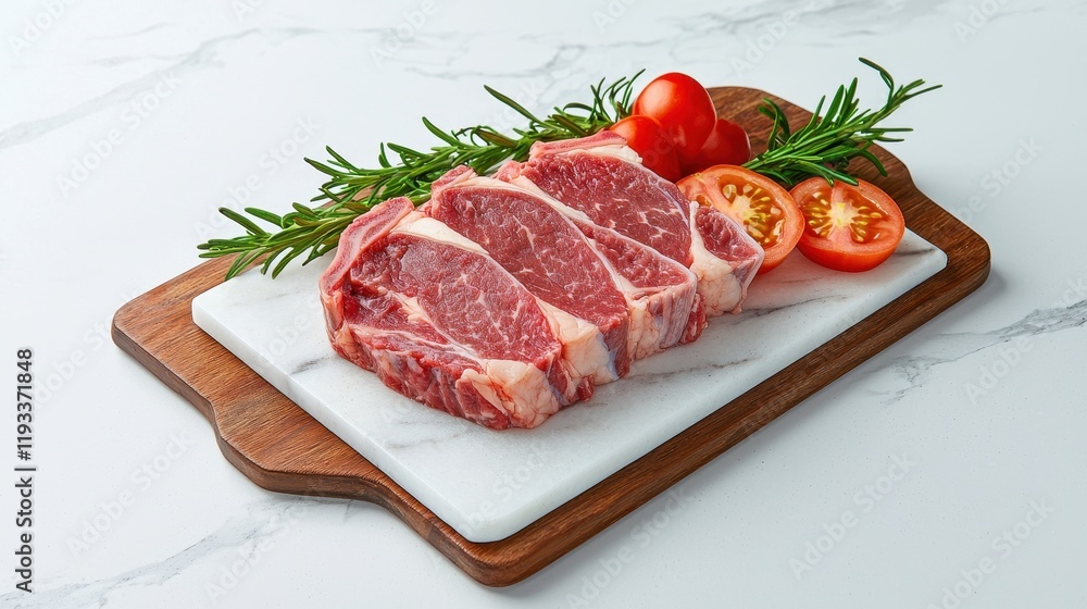 Fresh cuts of marbled beef steak on a wooden board, garnished with tomatoes and rosemary, ready for cooking. Fresh cuts of marbled beef steak on a wooden board, garnished with tomatoes and rosemary, ready for cooking.