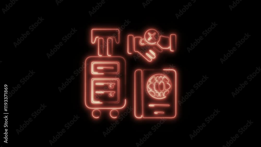 Glowing Neon Travel Icon, Symbol of Tourism and Adventure, HD Video Motion Graphic Animation on Black Background Glowing Neon Travel Icon, Symbol of Tourism and Adventure, HD Video Motion Graphic Animation on Black Background
