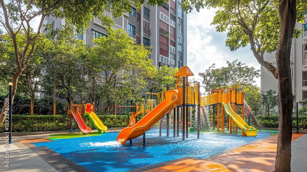 A bright water playground with fountains and slides for children A bright water playground with fountains and slides for children