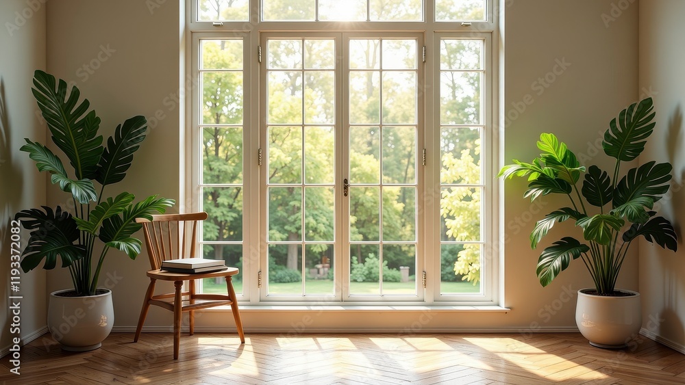 Fototapeta premium A cozy room features a framed window with glass panels, flanked by a wooden chair and an elegant golden door handle, casting warm light inside.