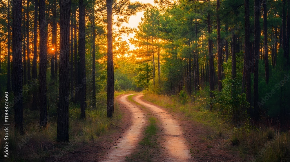 Sunset Path Winding Through a Pine Forest Sunset Path Winding Through a Pine Forest