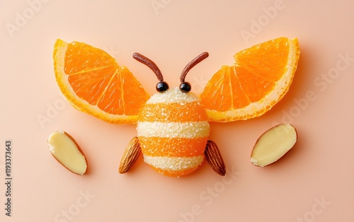 A cheerful bee using orange wedges for the body and almond slivers for wings, placed on a pastel peach background photo