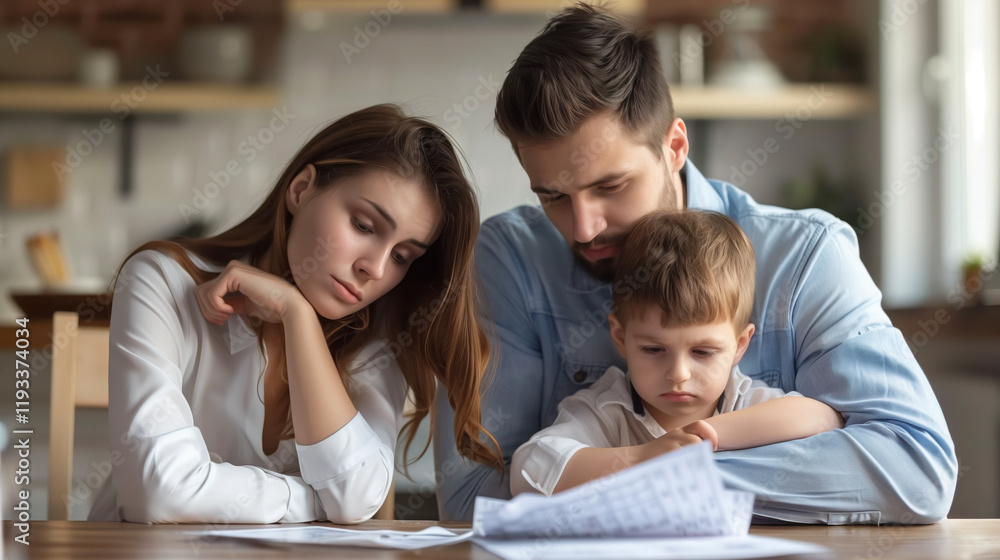 A white family with a child, sitting at a table and discussing financial goals, showcasing future budgeting and planning for family expenses and savings. A white family with a child, sitting at a table and discussing financial goals, showcasing future budgeting and planning for family expenses and savings.