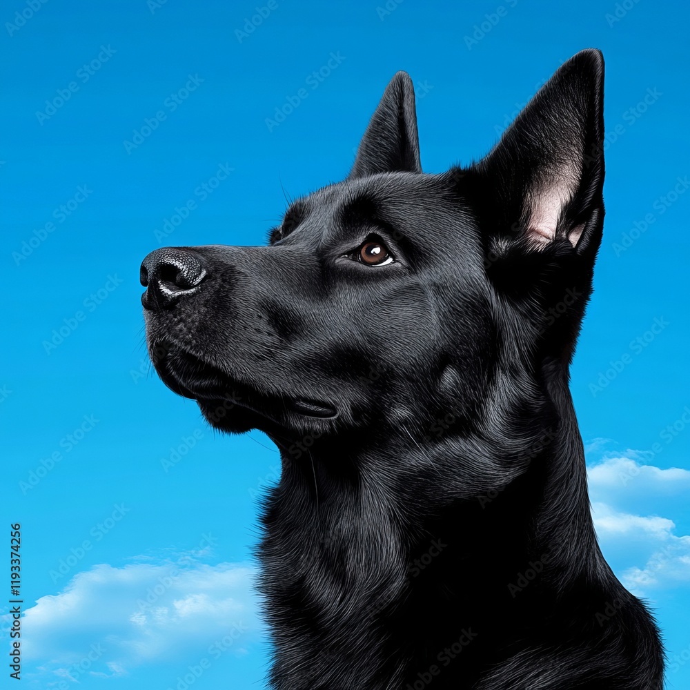 A black dog looking up at the sky with clouds in the background A black dog looking up at the sky with clouds in the background