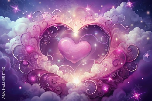 A whimsical illustration of a heart surrounded by swirling clouds and stars in shades of pink and purple, heart shaped clouds, pastel colors