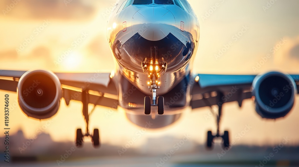 Fototapeta premium A sleek airplane descends towards an airport runway, illuminated by the warm glow of a sunset in the background, creating a picturesque scene.