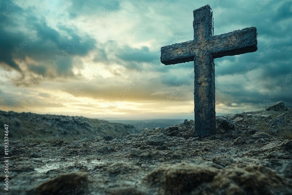 holy cross symbolizing the death and resurrection of jesus christ, dramatically set against a sky over golgotha hill, filled with light and clouds, invoking an apocalyptic feel holy cross symbolizing the death and resurrection of jesus christ, dramatically set against a sky over golgotha hill, filled with light and clouds, invoking an apocalyptic feel