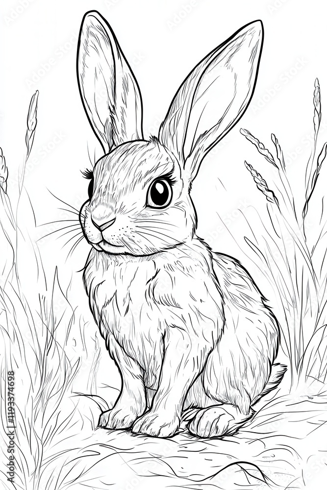 Obraz premium A fluffy rabbit is perched in a field of tall grass, enjoying the warm sunshine during a quiet afternoon in a lush meadow setting