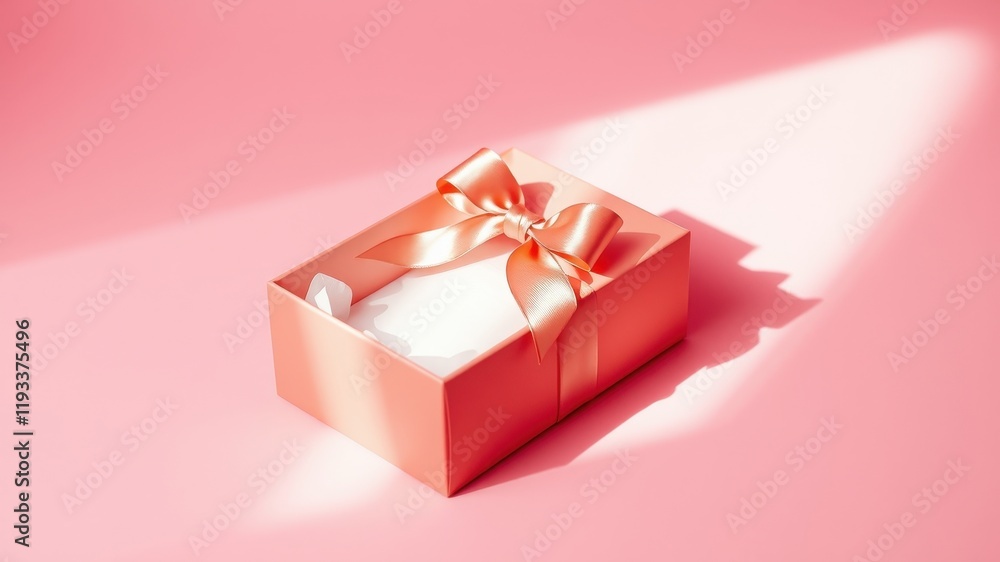 A coral gift box with a satin ribbon, elegantly presented on a pink background, bathed in sunlight. A coral gift box with a satin ribbon, elegantly presented on a pink background, bathed in sunlight.