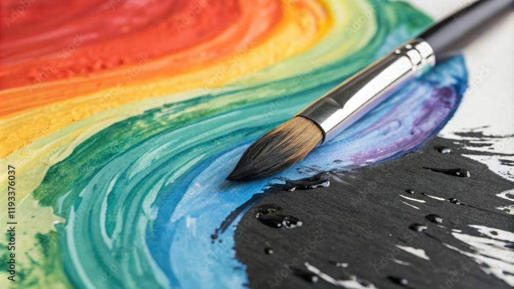 Obraz premium A vibrant brush stroke of liquid black paint blends with the swirling colors of a watercolor painting, fluid, artistic