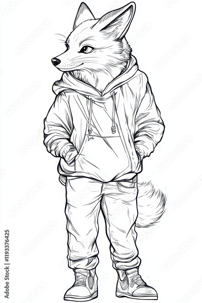 Fototapeta premium Character features a fox with detailed fur and expressive eyes, dressed in a hoodie and sneakers, embodying a chill vibe and modern street fashion