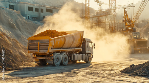 a truck filled with yellow cement, driving through a dusty construction site
