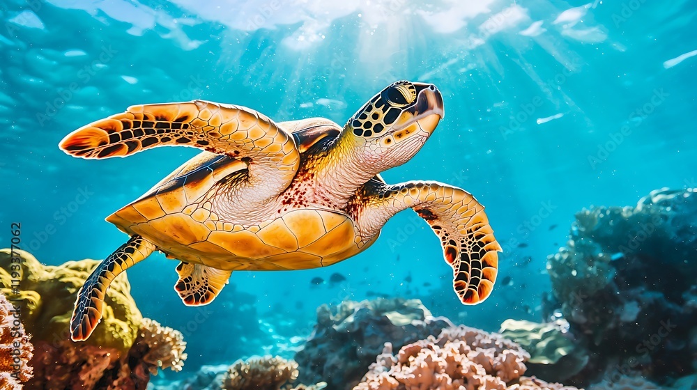 Obraz premium A vibrant sea turtle gracefully swimming through a colorful coral reef under sunlight