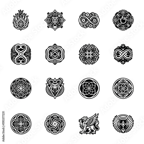 Set of 16 Endless and Spiritual Symbols Glyph Icons 

