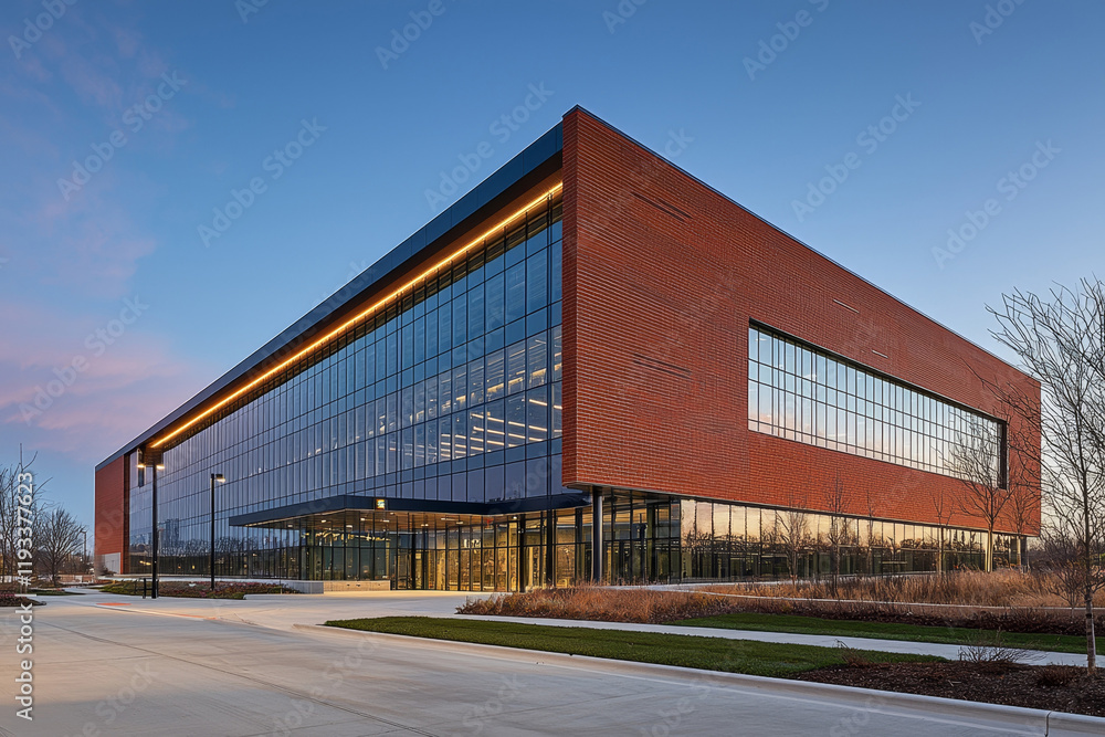 Obraz premium Modern brick and glass building at dusk.