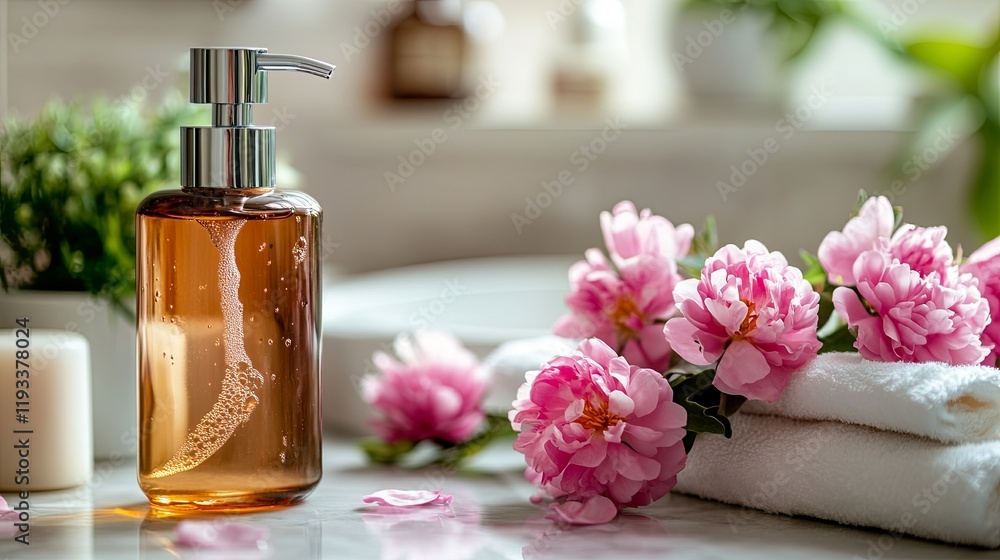A clean bathroom sink with a foaming hand soap dispenser and blooming flowers nearby A clean bathroom sink with a foaming hand soap dispenser and blooming flowers nearby