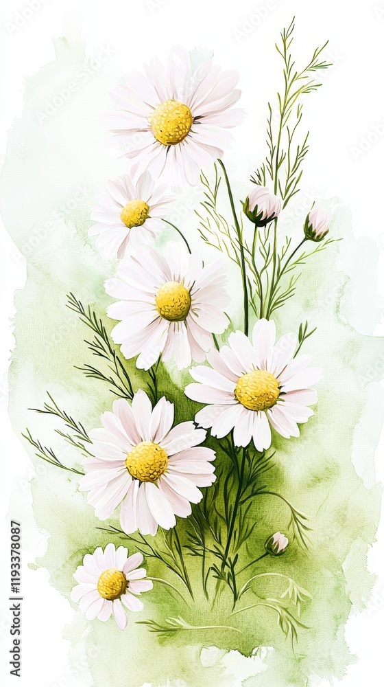 Fototapeta premium Delicate chamomile flowers study nature scene watercolor art soft green background artistic perspective floral composition