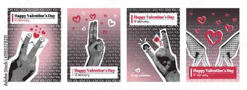 Valentine day cover typography template in vintage collage design for social media. Trendy greeting cards with hands gesturing and fingers mascots in love, hugs, gets flowers. Vector illustration.