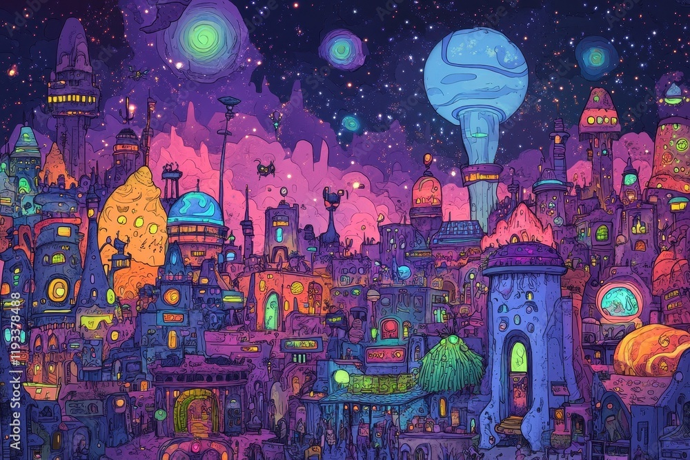 Obraz premium A vibrant alien cityscape under a starry night sky