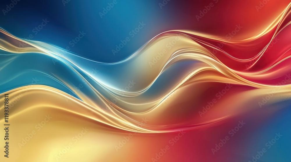 Fototapeta premium Abstract flowing waves in vibrant blue, gold, and red colors creating a dynamic and energetic background ideal for modern designs and artistic projects.